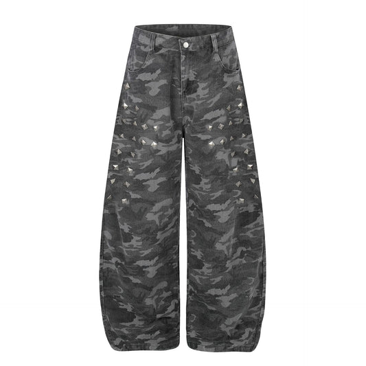 Camo Rivet Curved Wide Leg Denim Jeans WN25624