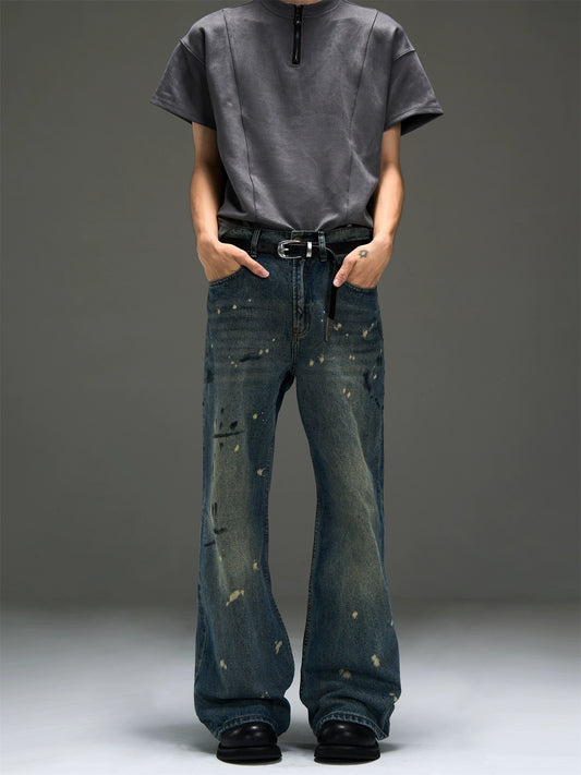 Washed Splashed Ink Design Wide-Leg Straight Denim Jeans WN7250