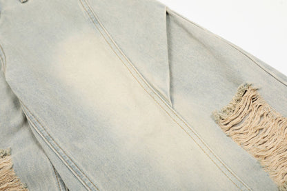 Washed Damage Curved Wide Leg Denim Jeans WN25912