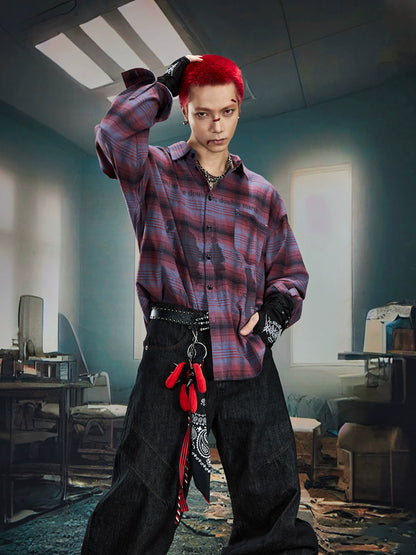 Plaid Color Block Print Oversize Long Sleeve Shirt WN20566