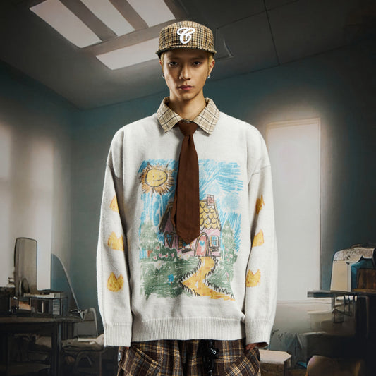Artwork Print Thin Oversize Knit Sweater WN22749