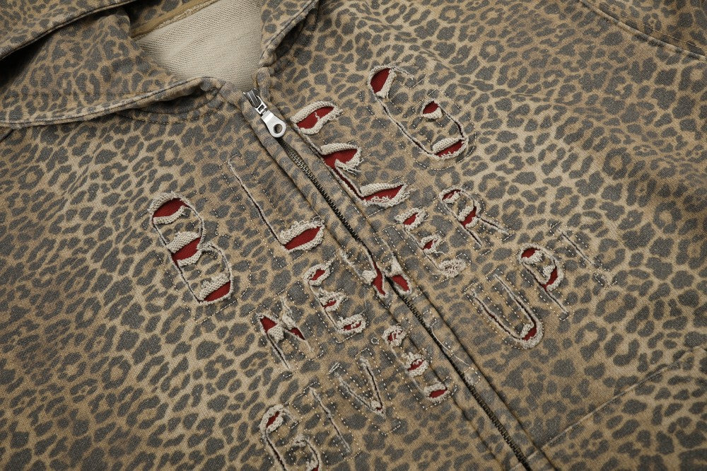 Leopard Cutout Damage Letter Zipper Hoodie WN28110
