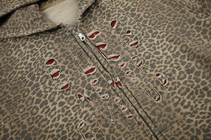 Leopard Cutout Damage Letter Zipper Hoodie WN28110