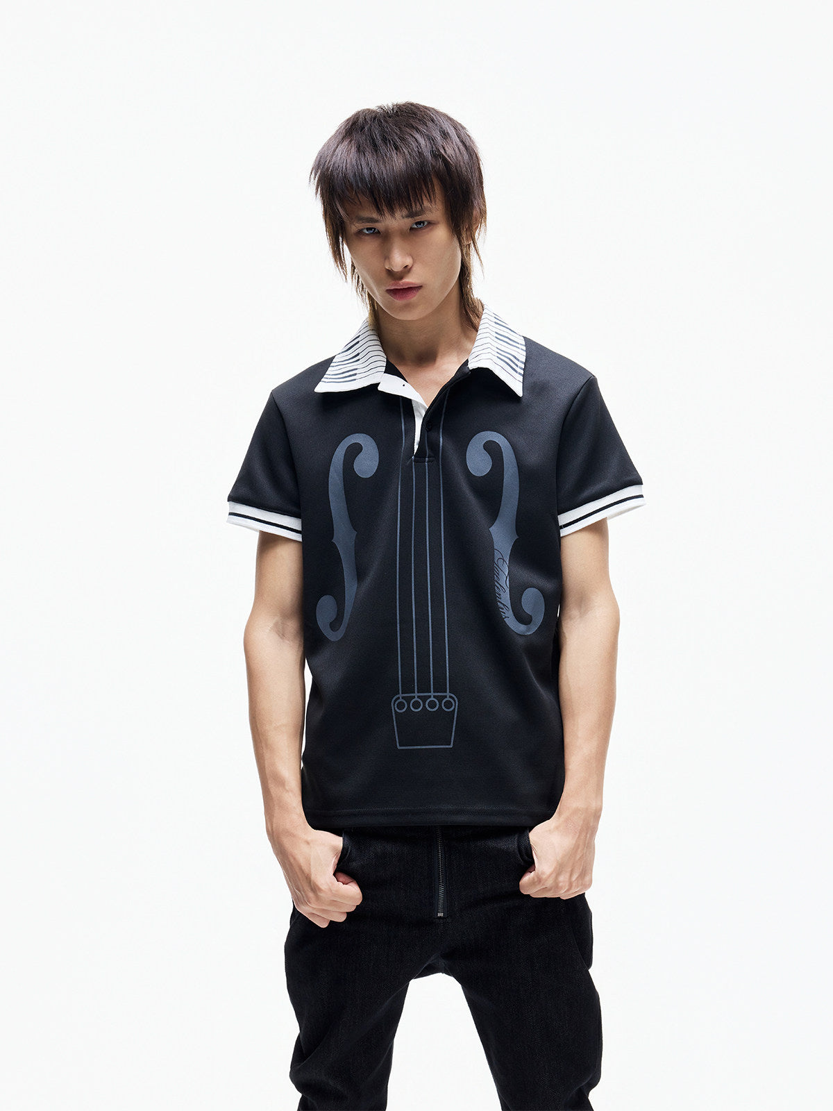 Contrast Panel Piano Key Music Note Print Short Sleeve Shirt WN27339