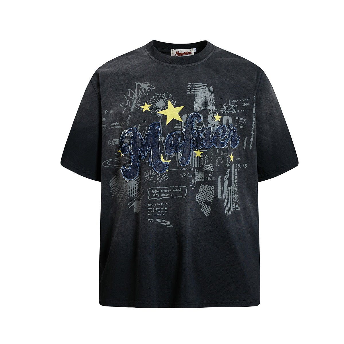 Star Applique Embroidery Washed Short Sleeve T-Shirt WN25651