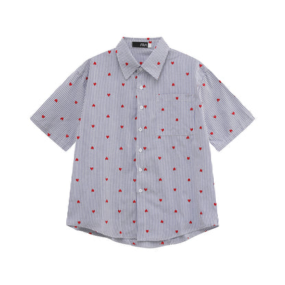 Heart Embroidery Stripe Oversize Short Sleeve Shirt WN24861
