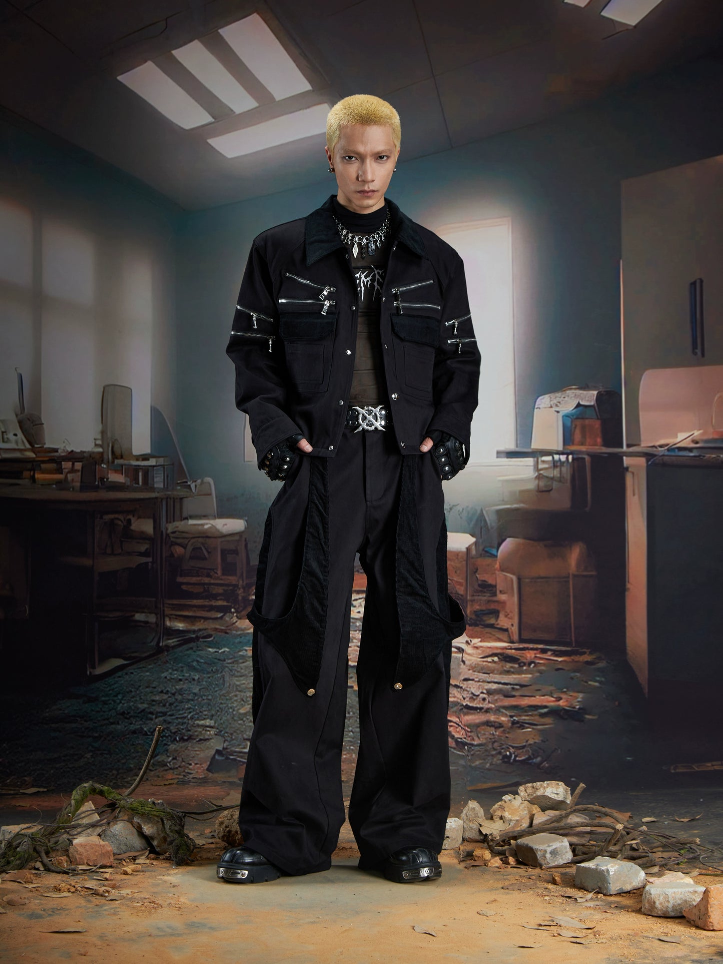 Deconstruction Patchwork Corduroy Zipper Decor Jacket WN21369