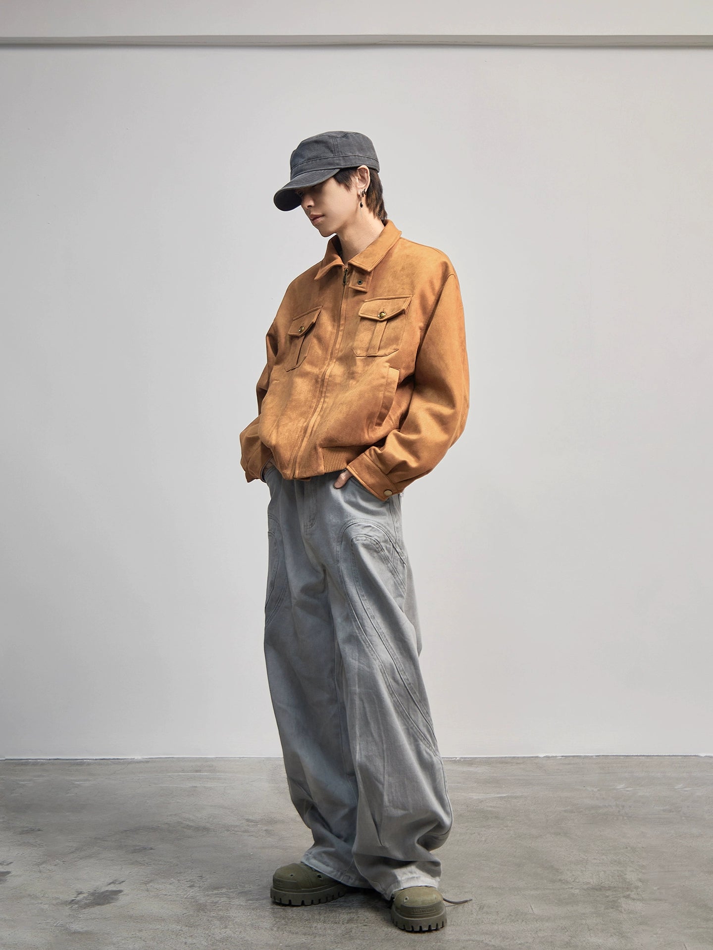 Stand Neck Suede Cargo Long Sleeve Jacket WN21192