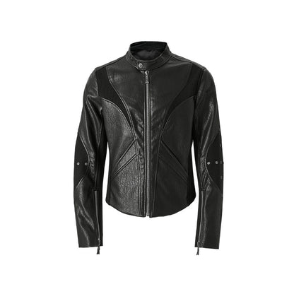 Irregular Panel Stand Neck PU Leather Jacket WN27442