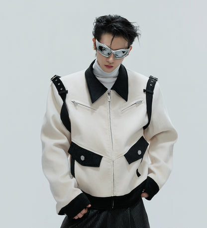 Colorblock Velvet Short Zipper Jacket WN21741