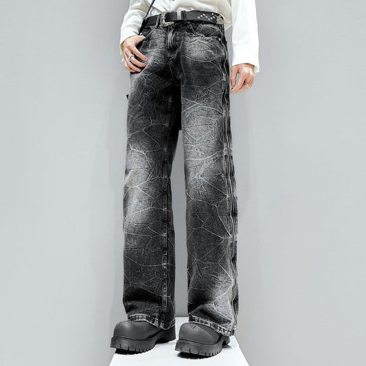 Lightning Crack Wash Zipper Straight Denim Jeans WN23884