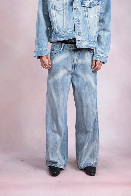 Washed Denim Jacket & Wide-Leg Straight Denim Jeans Setup WN9249