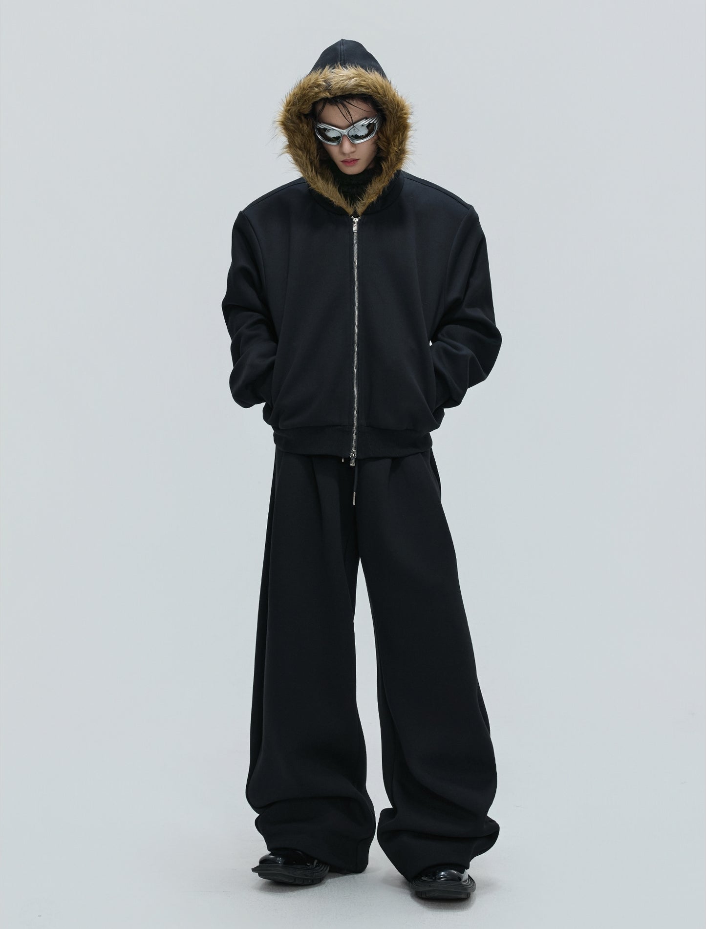 Fur Collar Zipper Hoodie & Sweatpants Setup WN21744