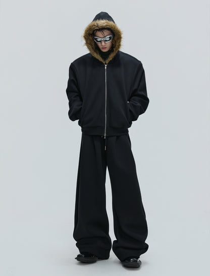 Fur Collar Zipper Hoodie & Sweatpants Setup WN21744