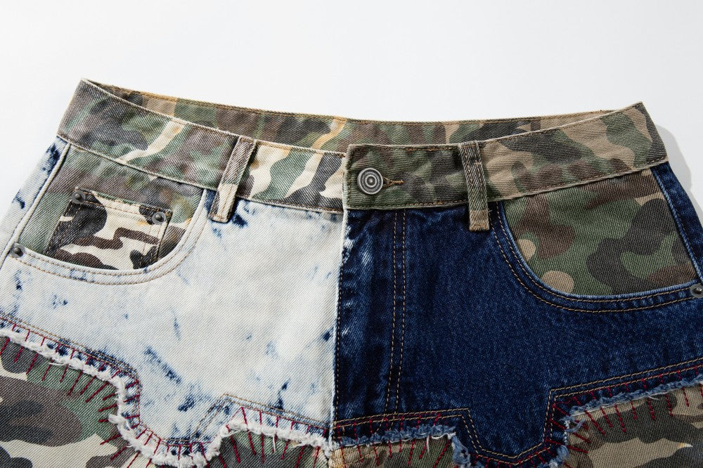 Denim Camouflage Patchwork Multi-Pocket Wide Leg Cargo Pants WN27858