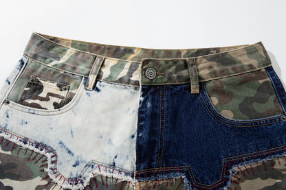 Denim Camouflage Patchwork Multi-Pocket Wide Leg Cargo Pants WN27858