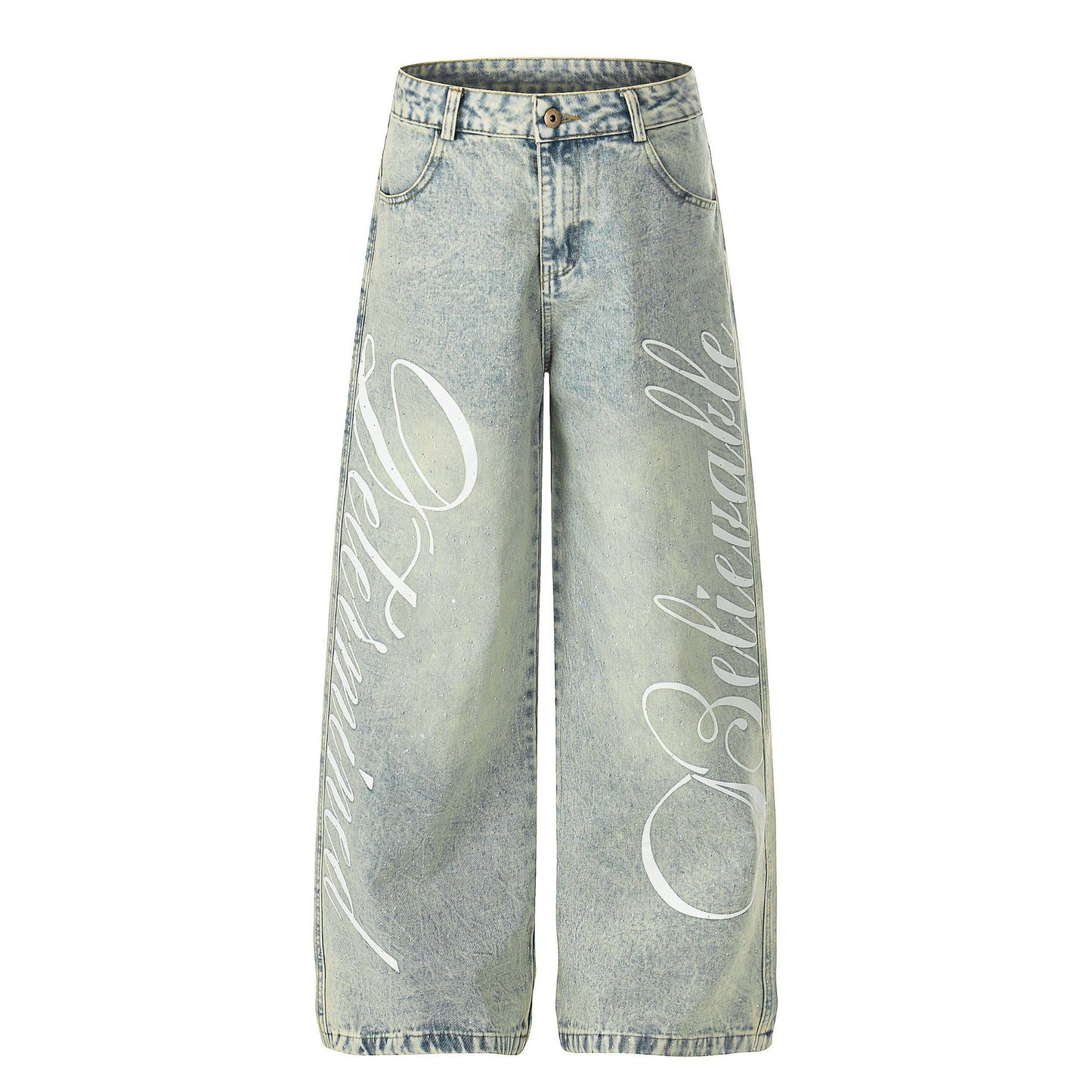 Washed Letter Print Wide Leg Denim Jeans WN25419