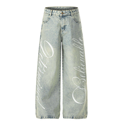 Washed Letter Print Wide Leg Denim Jeans WN25419