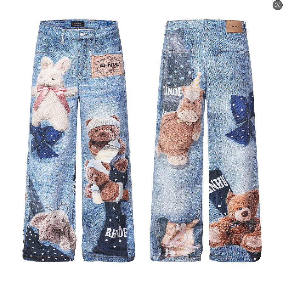 Washed 3D Character Print Wide Leg Denim Jeans WN25975