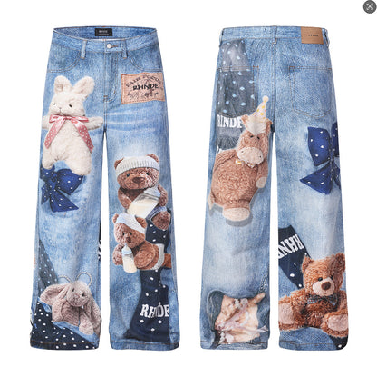 Washed 3D Character Print Wide Leg Denim Jeans WN25975