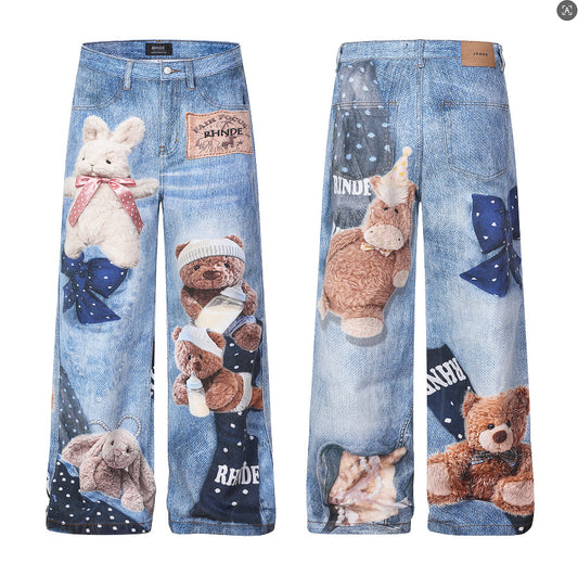 Washed 3D Character Print Wide Leg Denim Jeans WN25975