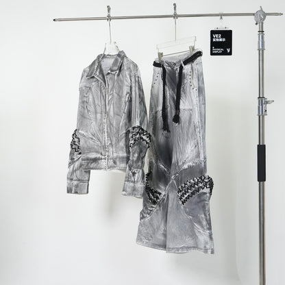 Dirty Washed Damage Shoulder-Pad Jacket & Wide Leg Denim Jeans Setup WN24149