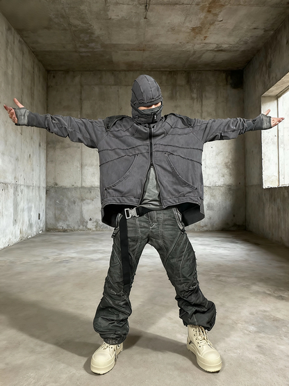 Detachable Shoulder Washed Zipper Hooded Jacket WN22001