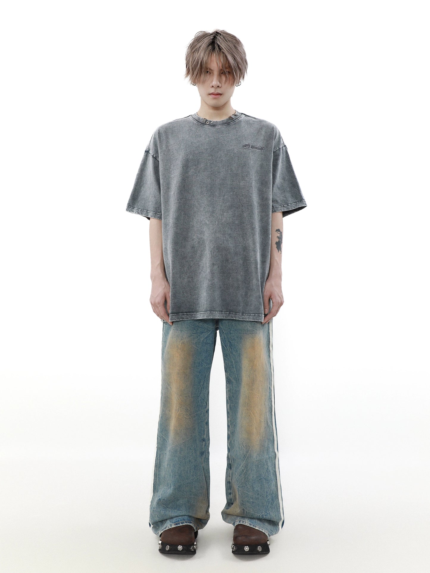 Oversize Washed Metal Buckle Short Sleeve T-shirt WN7516