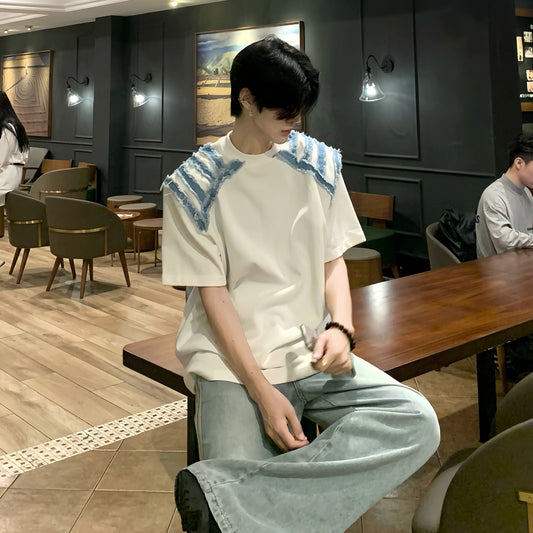 Denim Stripe Patchwork Short Sleeve T-Shirt WN19801