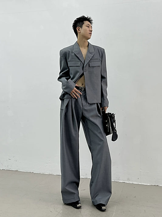 Shoulder-Pad Tailored Jacket & Wide-Leg Wrinkled Trousers Setup WN11665