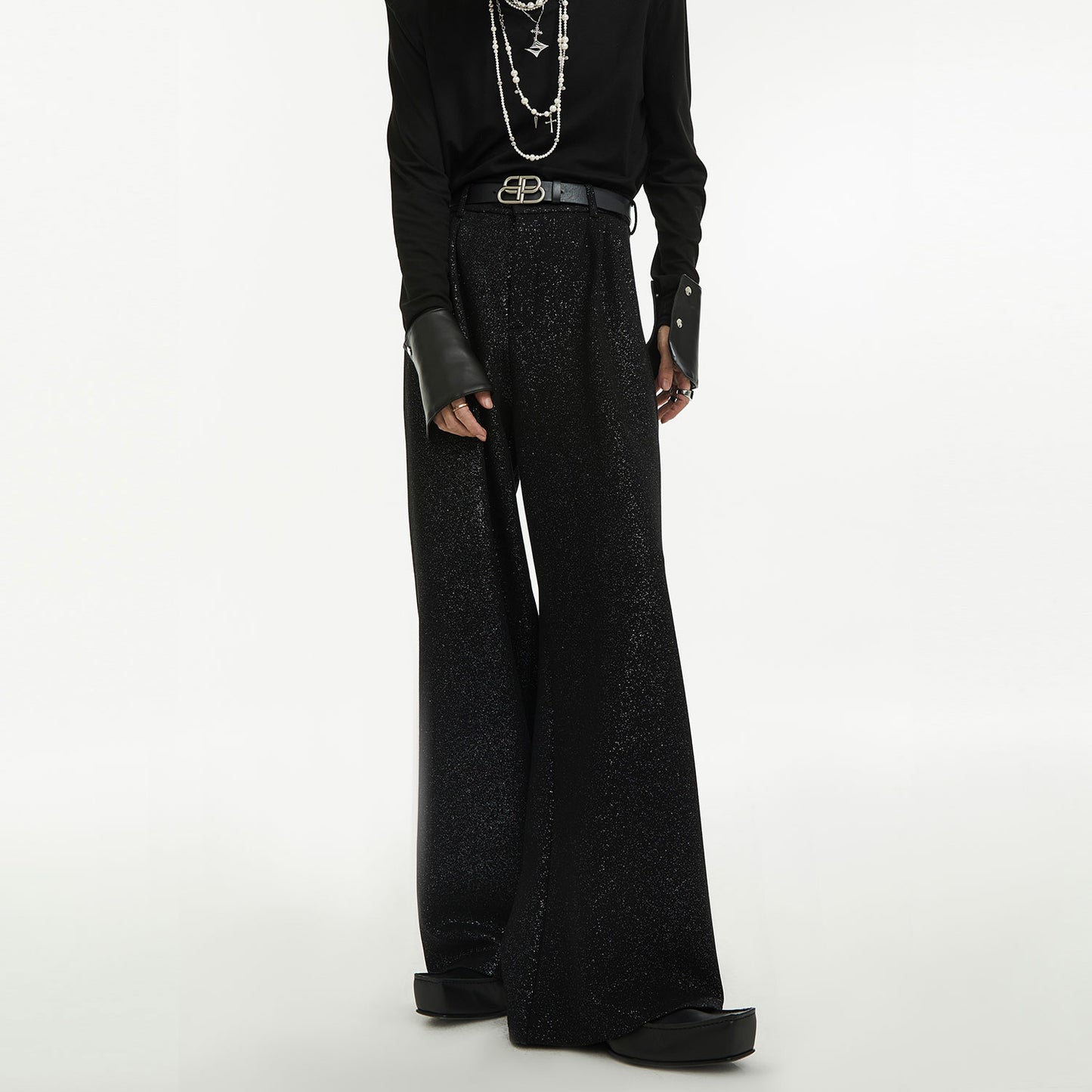 Sequin Shoulder-Pad Tailored Jacket & Wide-Leg Trousers Setup WN15438