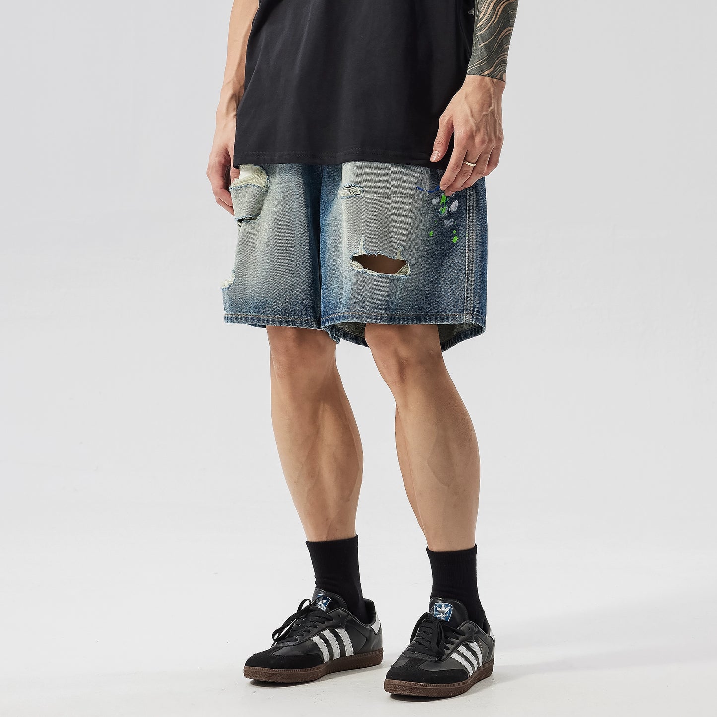 Raw Hem Damage Drawstring Washed Half Denim Jeans WN17484