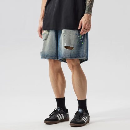 Raw Hem Damage Drawstring Washed Half Denim Jeans WN17484