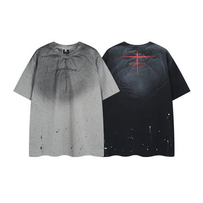 Ink Splash Letter Embroidery Oversize Short Sleeve T-Shirt WN15073