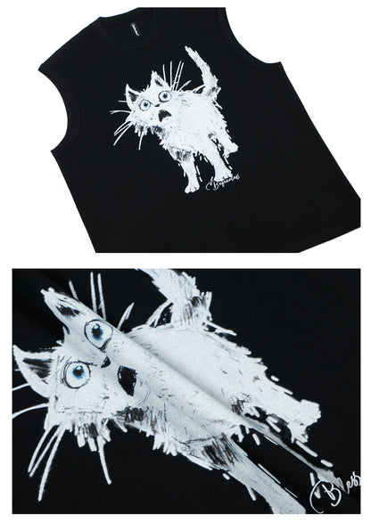 Graffiti Cat Print Oversize Sleeveless T-Shirt WN26394
