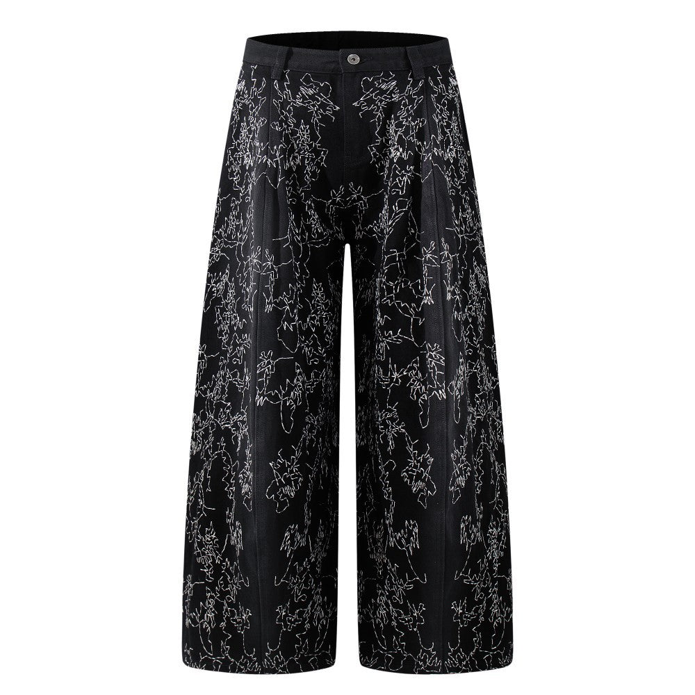 All-Over Embroidery Washed Wide Leg Denim Jeans WN27835