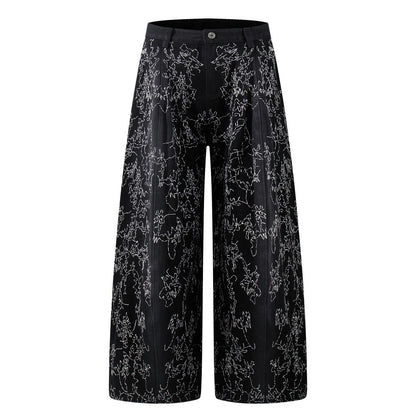 All-Over Embroidery Washed Wide Leg Denim Jeans WN27835