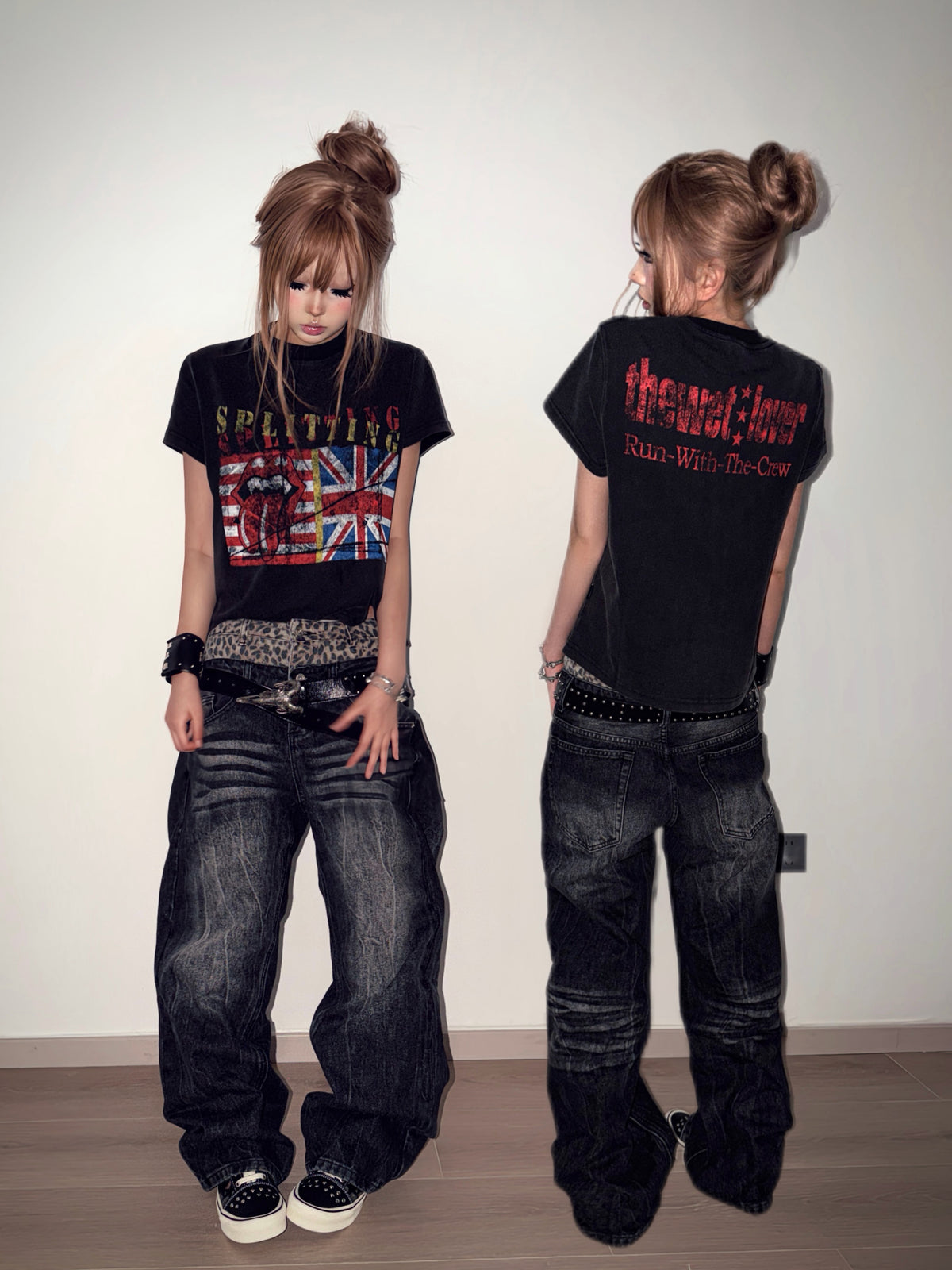 Double Waist Leopard Print Wide Leg Denim Jeans WN27199