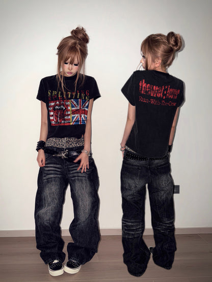 Double Waist Leopard Print Wide Leg Denim Jeans WN27199