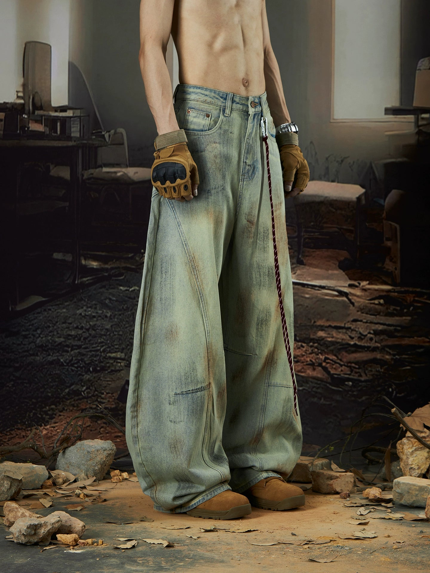 Hand-Paint Dyed Wash Wide Leg Denim Jeans WN18426