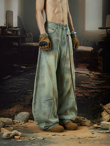 Hand-Paint Dyed Wash Wide Leg Denim Jeans WN18426