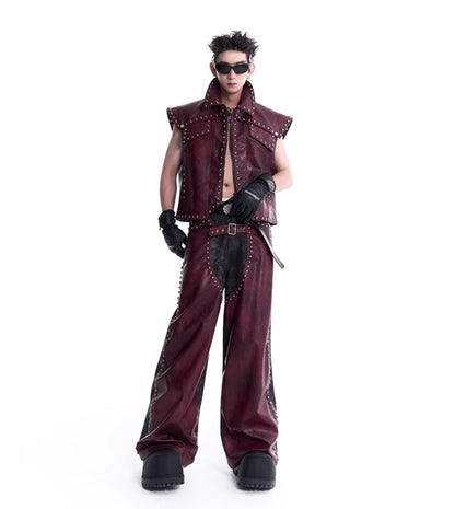 PU Leather Rivet Vest & PU Leather Wide-leg Pants Setup WN8120