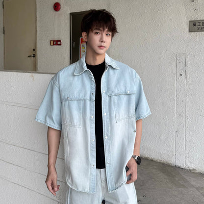 Gradient Wash Short Sleeve Denim Shirt & Wide Leg Denim Jeans Setup WN25338