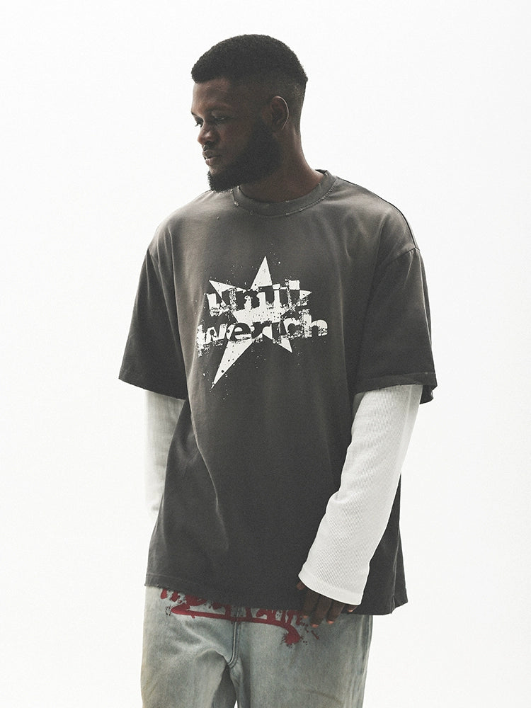 Fake Layered Damage Print Oversize Long Sleeve T-Shirt WN17789