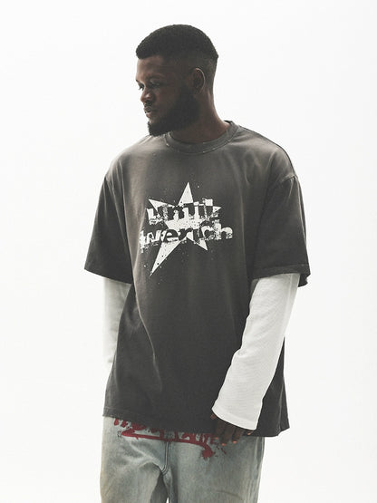 Fake Layered Damage Print Oversize Long Sleeve T-Shirt WN17789