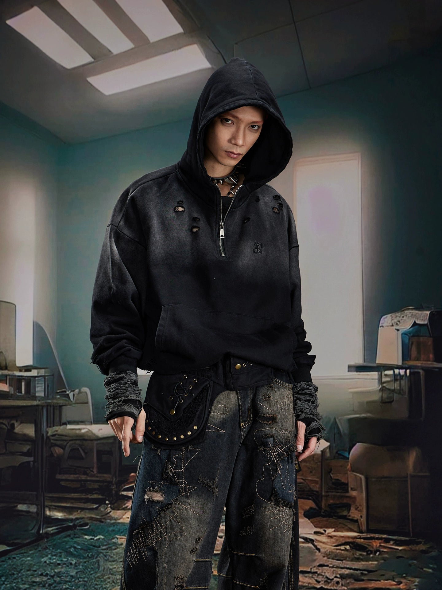 Washed Damage Half Zipper Hoodie WN20588