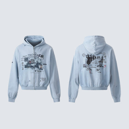 Graffiti Print Washed Damage Zipper Hoodie WN27940