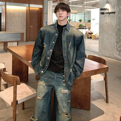 Damage Denim Jacket & Wide Leg Denim Jeans Setup WN25305