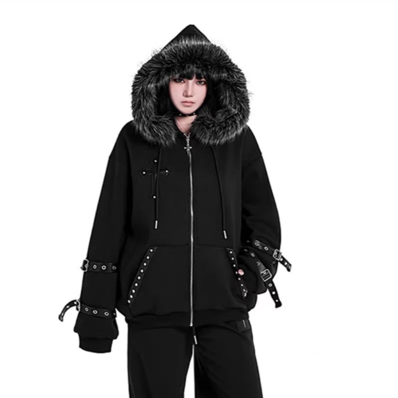 Cross Leather Patch Fake Fur Collar Belt Buckle Hoodied Jacket WN27908