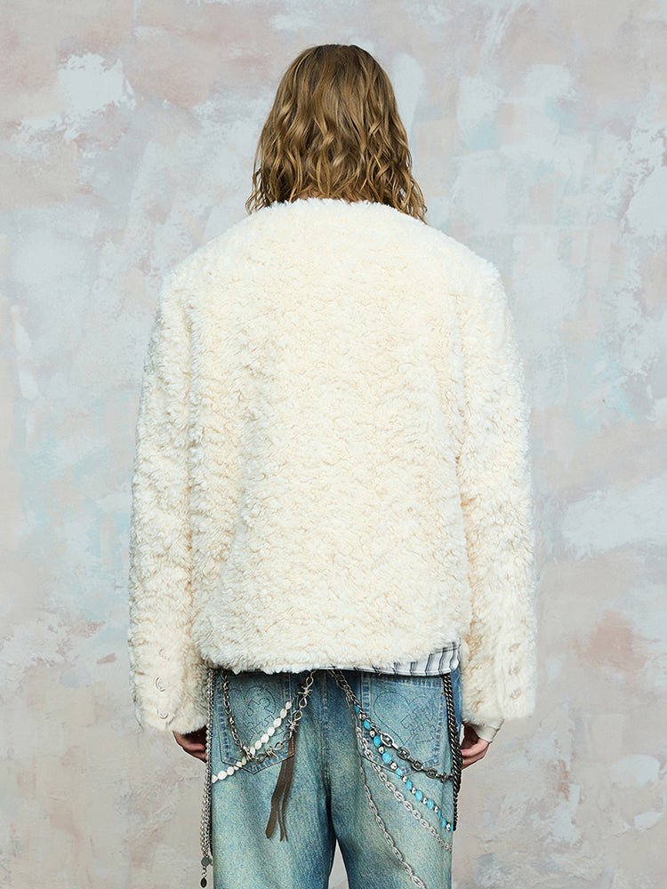 Tweed Plaid Lining Patchwork Fleece Decorated Button Jacket WN17839